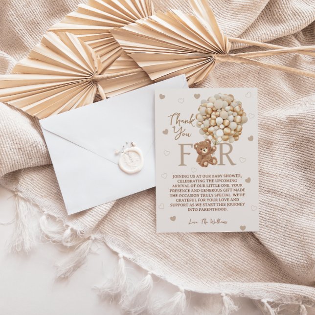 Brown Teddy Bear Balloons Baby Shower Thank You Card (Creator Uploaded)