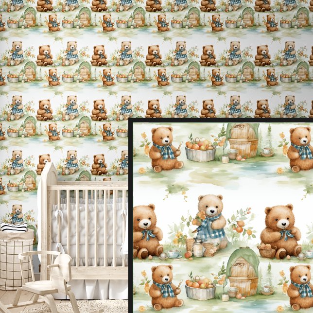 Brown Teddy Bear Friends Picnic in Orchard Wallpaper (Creator Uploaded)