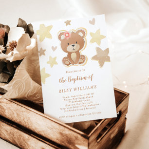Brown Teddy Bear Girl Baptism  Invitation