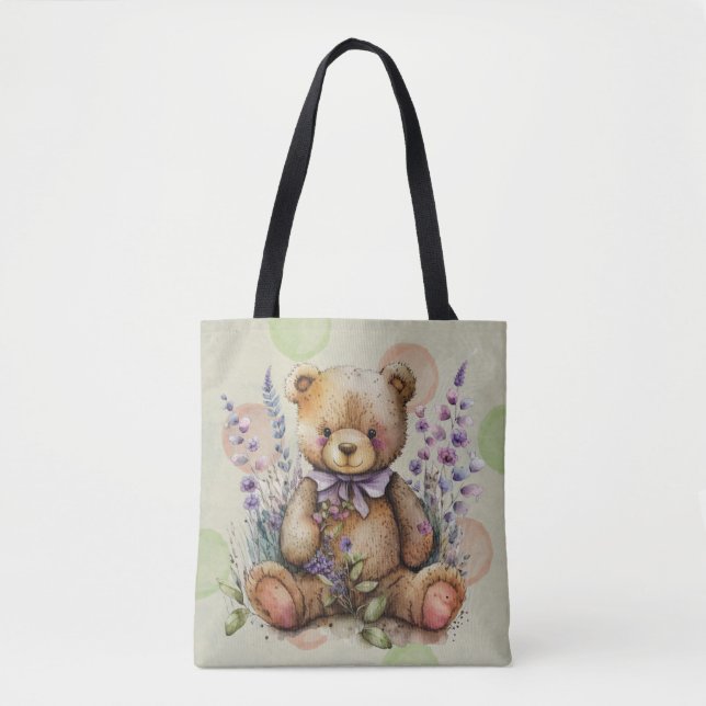 Brown Teddy Bear Lavender Flowers And Polkadots Tote Bag (Front)