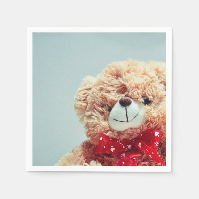 Brown Teddy Bear with a Red Bow Paper Napkin (Front)