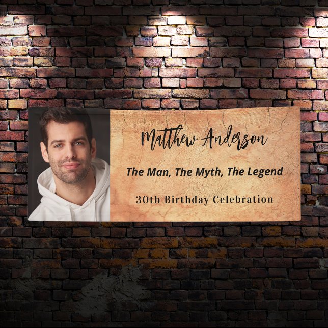 Brown terracotta photo man myth legend birthday banner (Creator Uploaded)