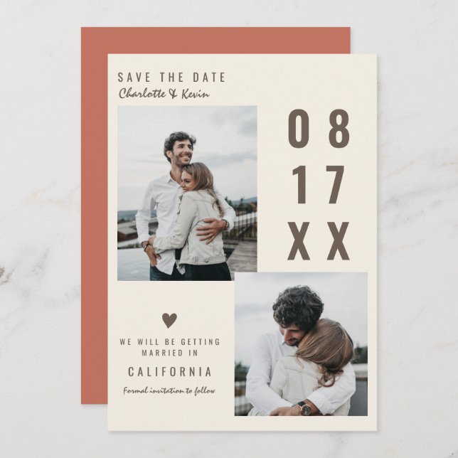 Brown terracotta save the date wedding 2 photos (Front/Back)