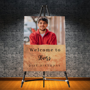 Brown terracotta wall photo birthday welcome poster