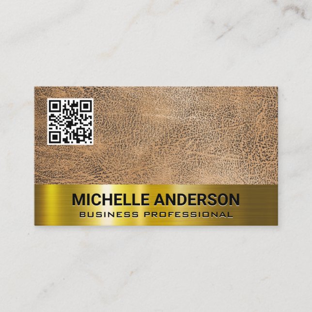 Brown Texture | Gold Metallic Trim QR Code Business Card (Front)