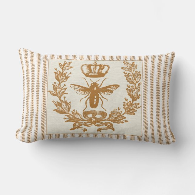 Brown Ticking Effect with Queen Bee and Crown Lumbar Cushion (Front)