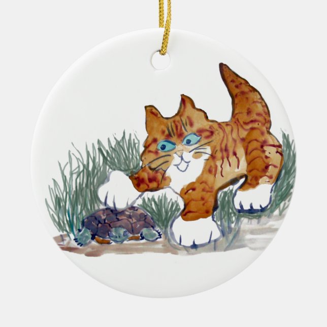Brown Tiger Kitten and turtle Ceramic Tree Decoration (Front)