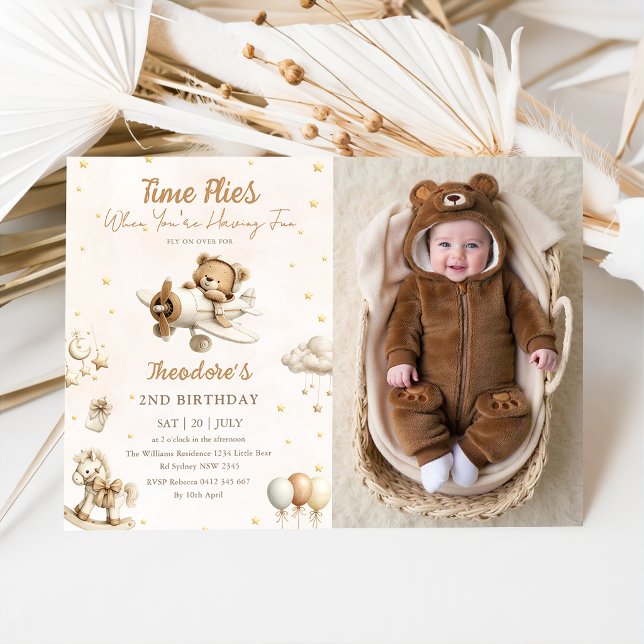 Brown Time Flies Airplane Teddy Bear Photo Invitation (Creator Uploaded)