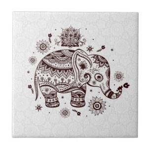 Brown Tones Cute Retro Floral Elephant Tile