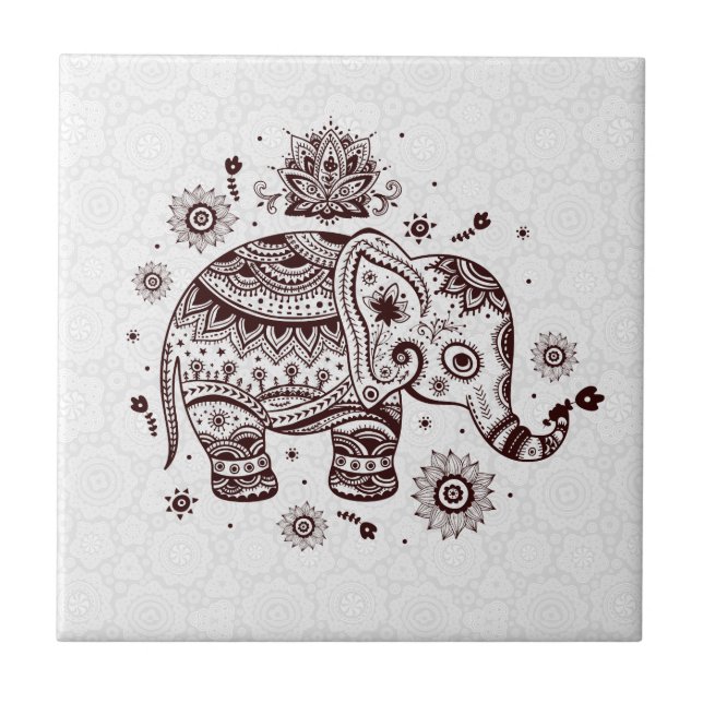 Brown Tones Cute Retro Floral Elephant Tile (Front)