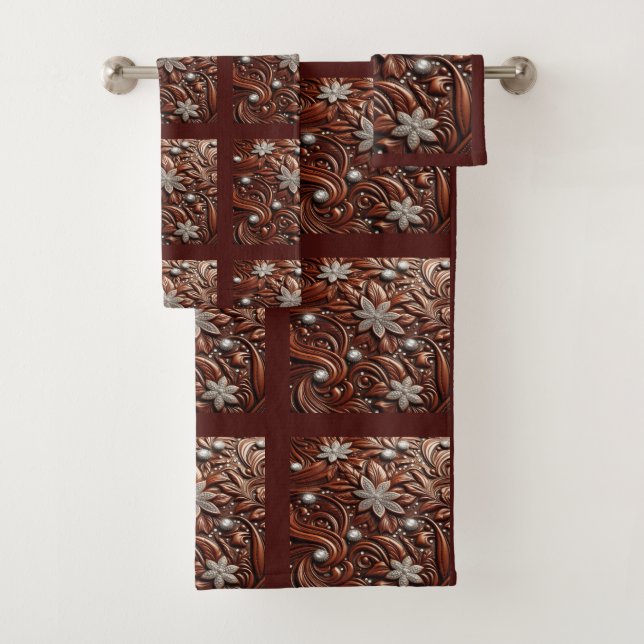 Brown Tooled Faux Leather and Diamond Bath Towel Set (Insitu)
