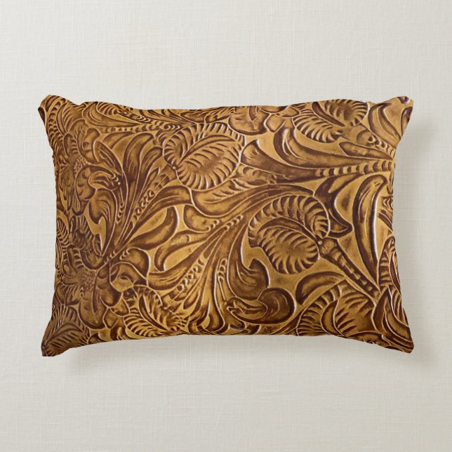 Brown Tooled Faux Leather Decorative Cushion (Front)