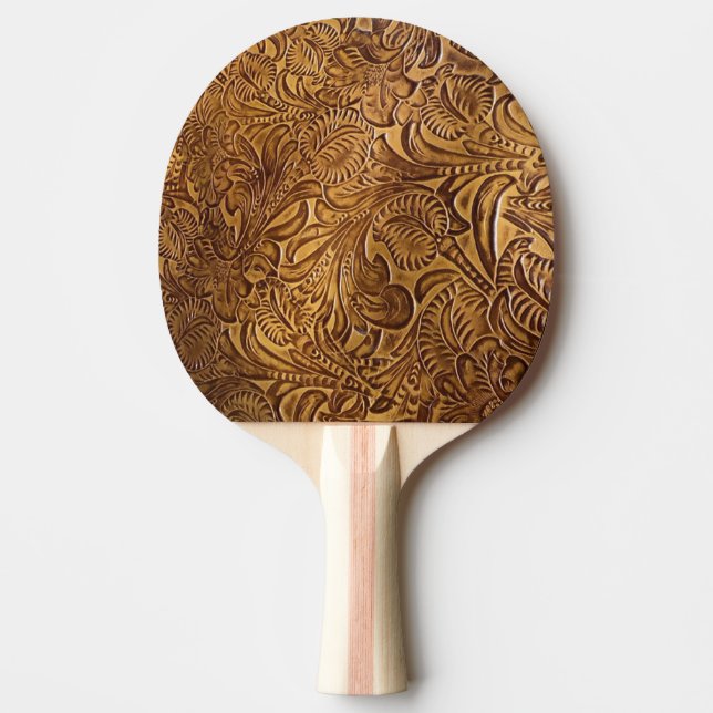 Brown Tooled Faux Leather Ping Pong Paddle (Front)