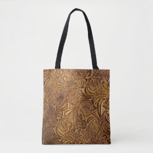 Brown Tooled Faux Leather Tote Bag