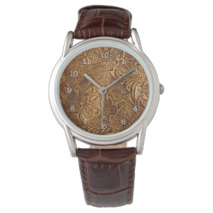 Brown Tooled Faux Leather Watch