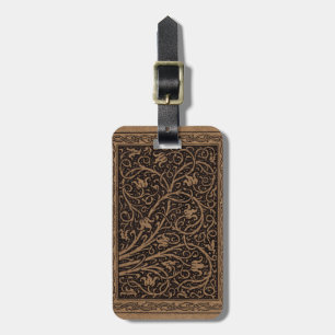 Brown Tooled Leather Art Nouveau Floral Luggage Tag