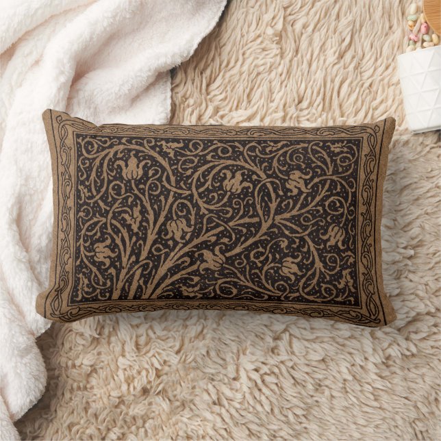 Brown Tooled Leather Art Nouveau Floral Lumbar Cushion (Blanket)