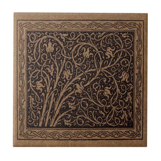 Brown Tooled Leather Art Nouveau Floral Tile (Front)