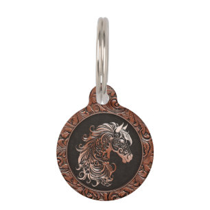 Brown tooled leather horse head horse barn pet tag