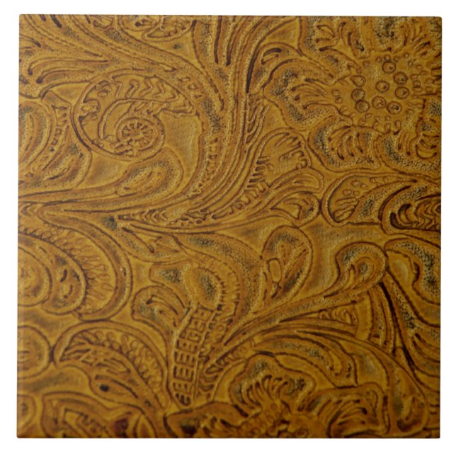 Brown Tooled Leather-Look Tile (Front)