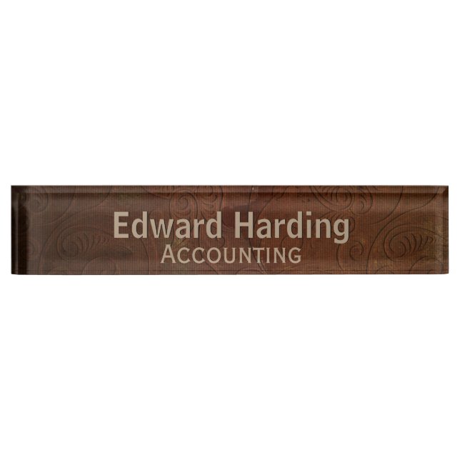 Brown Tooled Leather Looking Custom Desk Nameplate (Front)