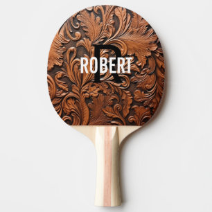 Brown tooled leather monogram name ping pong paddle