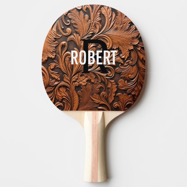 Brown tooled leather monogram name  ping pong paddle (Front)