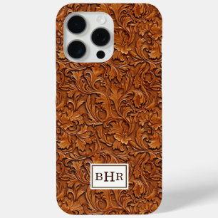 Brown Tooled Leather Monogrammed iPhone 15 Pro Max Case