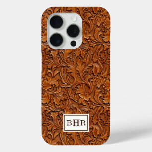 Brown Tooled Leather Monogrammed iPhone 15 Pro Case