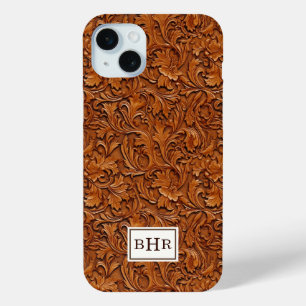 Brown Tooled Leather Monogrammed iPhone 15 Mini Case