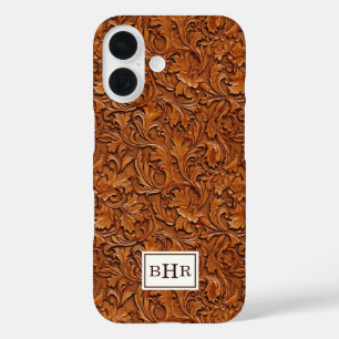 Brown Tooled Leather Monogrammed iPhone 16 Case