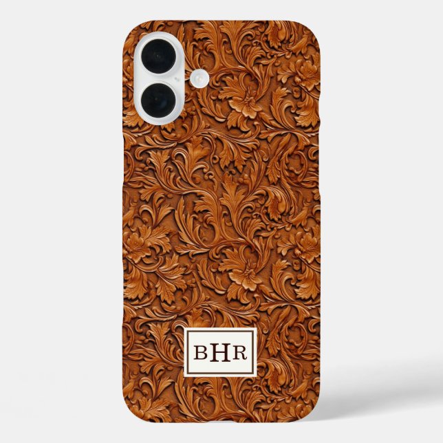 Brown Tooled Leather Monogrammed Case-Mate iPhone Case (Back)