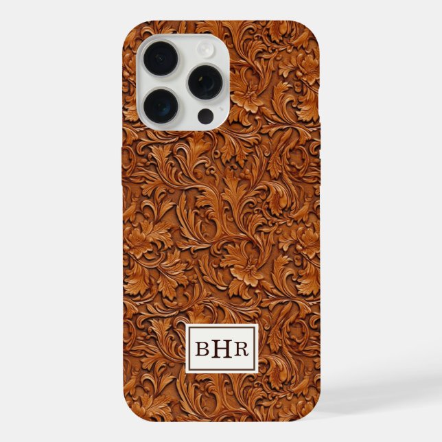 Brown Tooled Leather Monogrammed iPhone Case (Back)