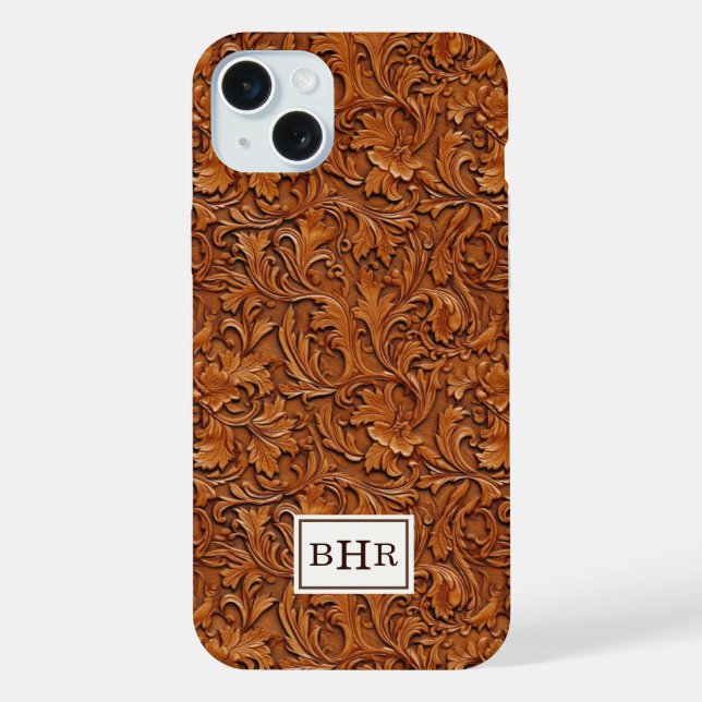 Brown Tooled Leather Monogrammed iPhone Case (Back)