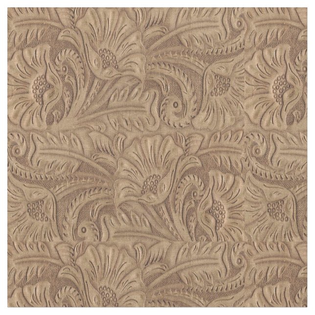 Brown Tooled Leather Print Western Fabric (Close Up)