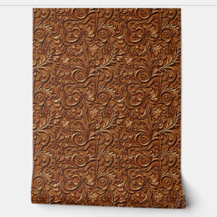 Brown tooled leather wallpaper