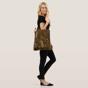 Brown Tote Bag with Feather Print