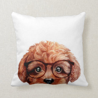 Brown toy poodle with glasses cushion
