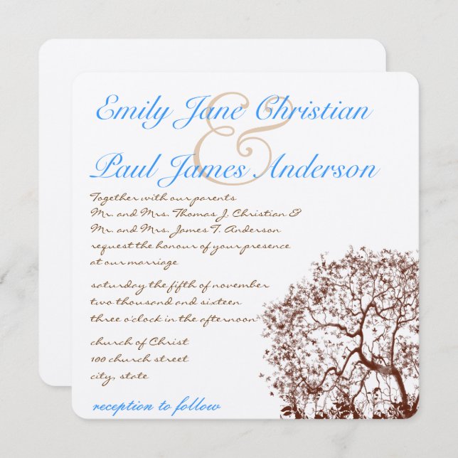 Brown Tree Aqua Blue Font Wedding Invitation (Front/Back)