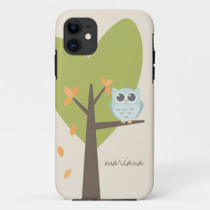 Brown Tree Branch Leaves Custom Name Blue Owl Case-Mate iPhone Case