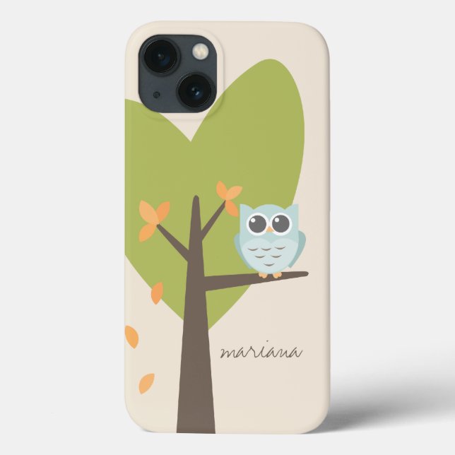 Brown Tree Branch Leaves Custom Name Blue Owl Case-Mate iPhone Case (Back)