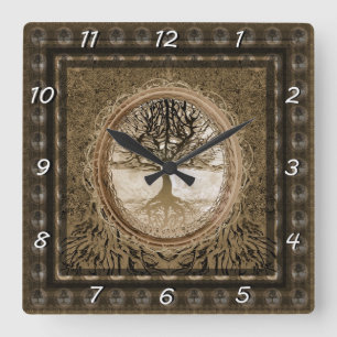 Brown Tree of Life Pattern Square Wall Clock