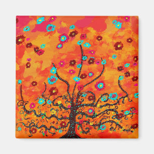 Brown Tree Of Life W/ Flowers & Orange Colour Boho Magnet