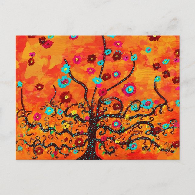 Brown Tree Of Life W/ Flowers & Orange Colour Boho Postcard (Front)