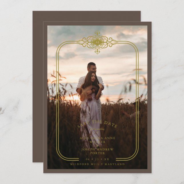 Brown Trendy Lace Flourish Initials Wedding Photo Save The Date (Front/Back)