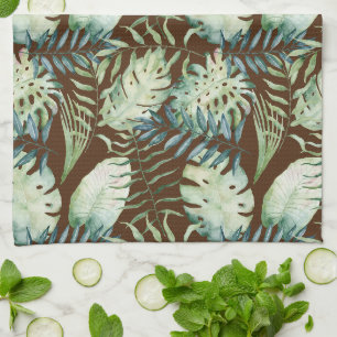 Brown Tropical Green Leaves Tea Towel