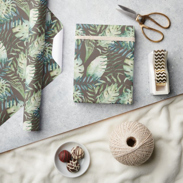 Brown Tropical Green Leaves  Wrapping Paper (Crafts)