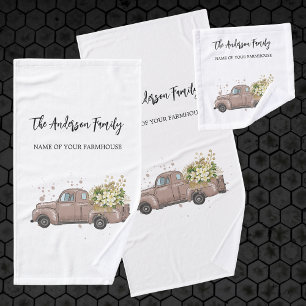 Brown truck flowers farmhouse family name bath towel set