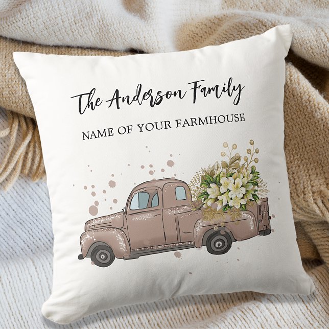 Brown truck flowers farmhouse family name cushion (Creator Uploaded)