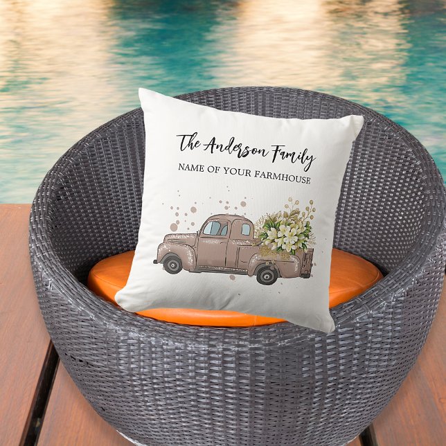 Brown truck flowers farmhouse family name cushion (Creator Uploaded)
